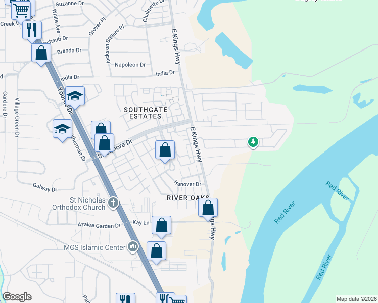 map of restaurants, bars, coffee shops, grocery stores, and more near 10035 Alondra Street in Shreveport