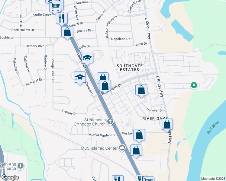 map of restaurants, bars, coffee shops, grocery stores, and more near 521 Stratmore Drive in Shreveport