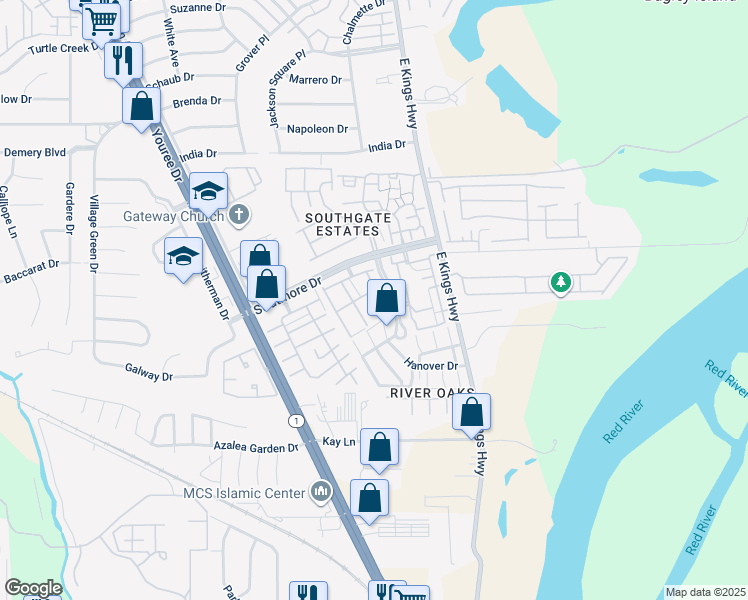 map of restaurants, bars, coffee shops, grocery stores, and more near 10048 Heritage Drive in Shreveport