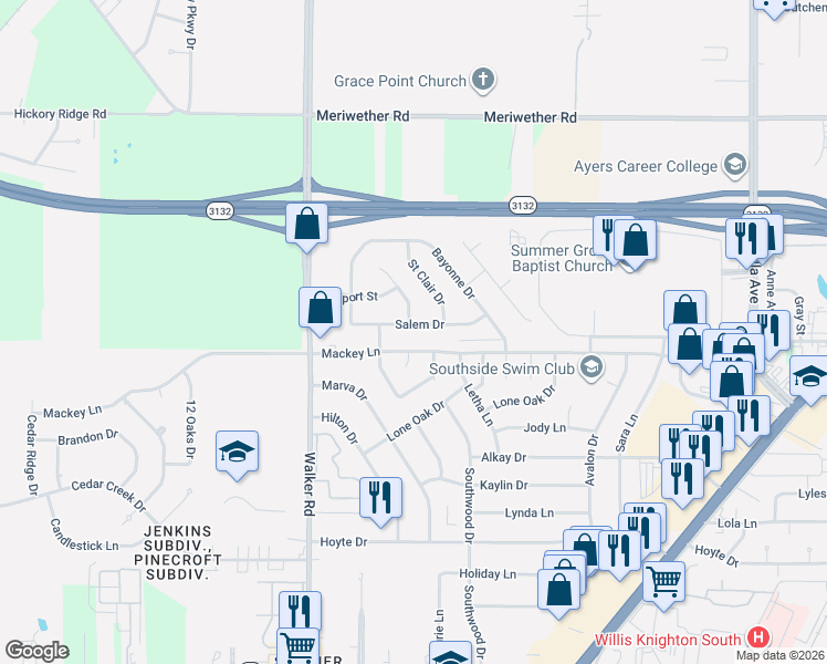map of restaurants, bars, coffee shops, grocery stores, and more near 2951 Salem Drive in Shreveport