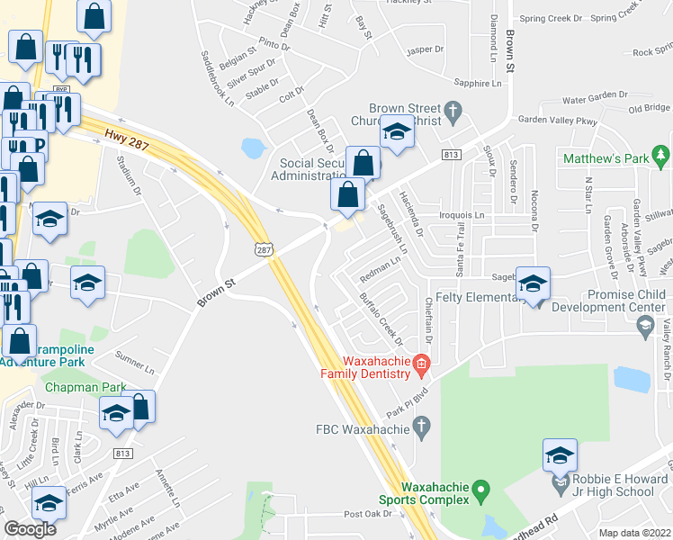 map of restaurants, bars, coffee shops, grocery stores, and more near 2200 Brown Street in Waxahachie