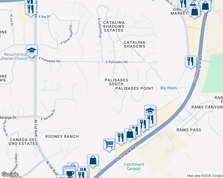 map of restaurants, bars, coffee shops, grocery stores, and more near 11435 North Skywire Way in Tucson