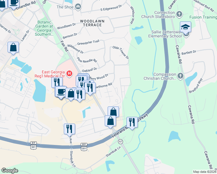 map of restaurants, bars, coffee shops, grocery stores, and more near 112 Hawthorne Road in Statesboro
