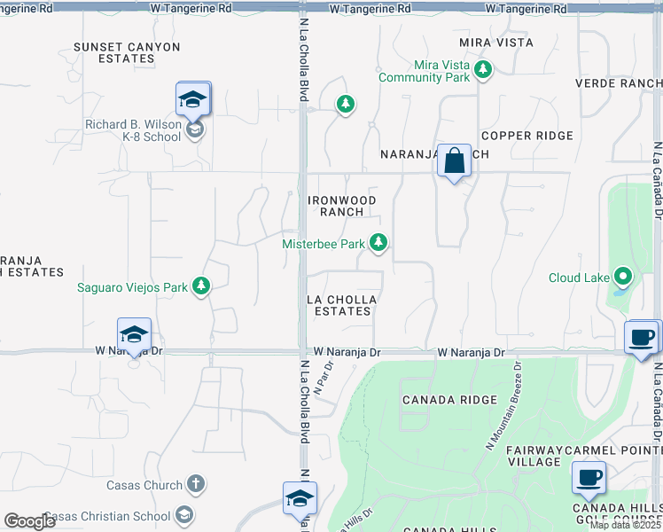 map of restaurants, bars, coffee shops, grocery stores, and more near 2072 West Arizona Rose Drive in Oro Valley