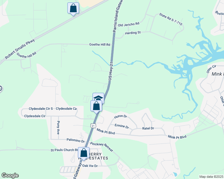 map of restaurants, bars, coffee shops, grocery stores, and more near 341-365 Parris Island Gateway in Beaufort