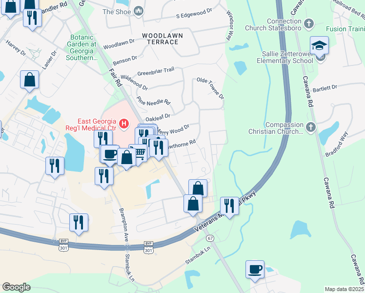 map of restaurants, bars, coffee shops, grocery stores, and more near 110A Hawthorne Road in Statesboro
