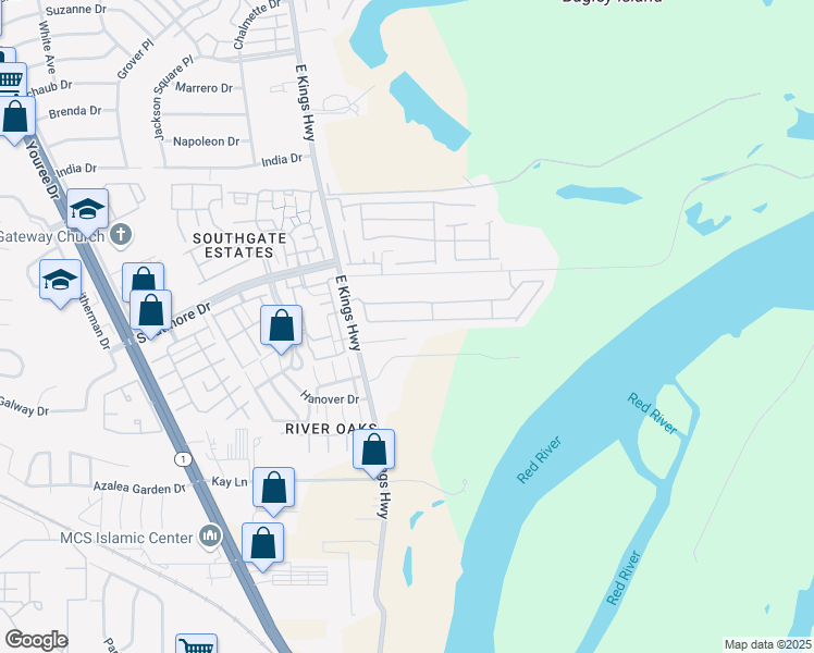 map of restaurants, bars, coffee shops, grocery stores, and more near 151 Riverbrooke Drive in Shreveport