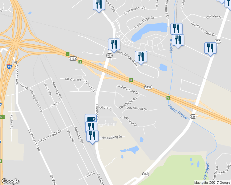 map of restaurants, bars, coffee shops, grocery stores, and more near 699 Emberwood Dr in Shreveport