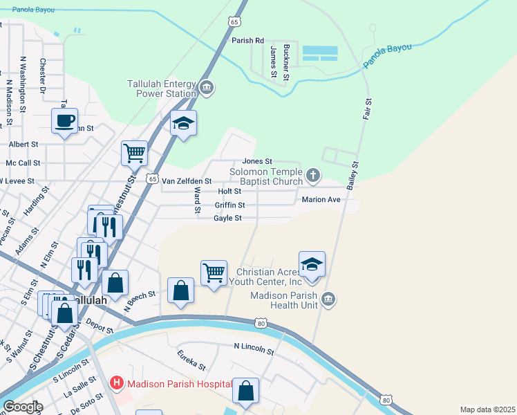 map of restaurants, bars, coffee shops, grocery stores, and more near 901 Griffin Street in Tallulah