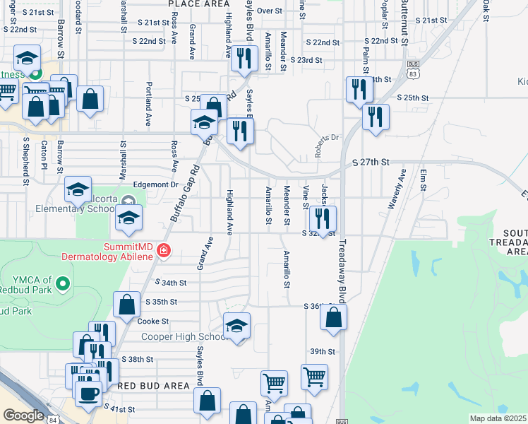 map of restaurants, bars, coffee shops, grocery stores, and more near 3026 Amarillo Street in Abilene