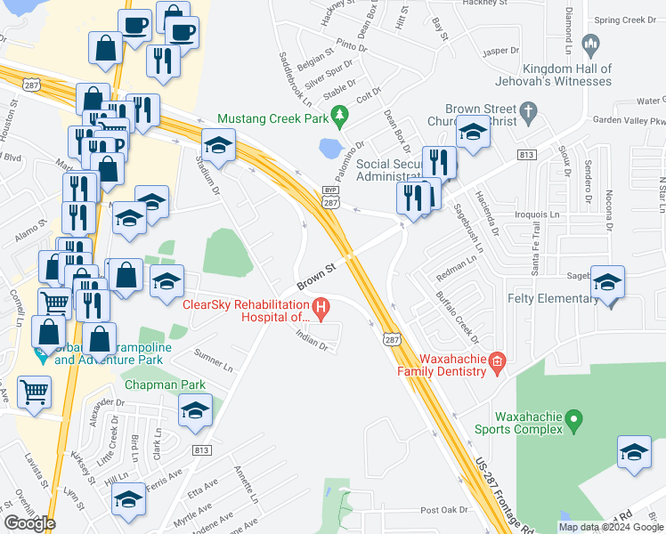 map of restaurants, bars, coffee shops, grocery stores, and more near 1600 Brown Street in Waxahachie