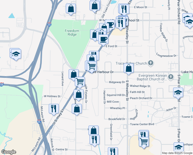 map of restaurants, bars, coffee shops, grocery stores, and more near 507 Christine Drive in Ridgeland