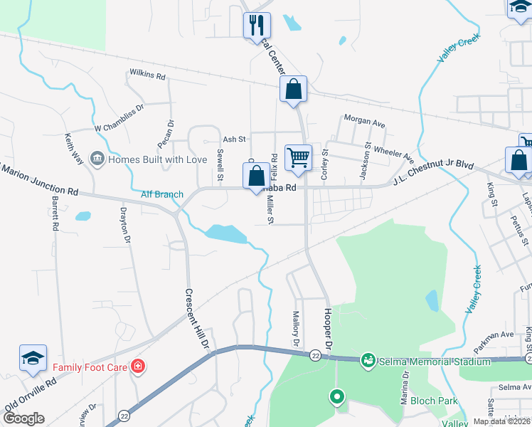 map of restaurants, bars, coffee shops, grocery stores, and more near 503 Miller Street in Selma