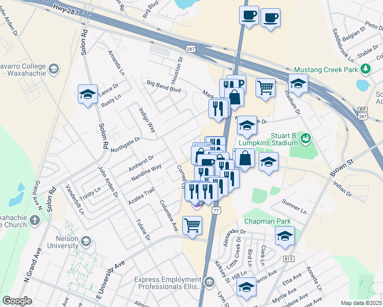 map of restaurants, bars, coffee shops, grocery stores, and more near 510 Indian Drive in Waxahachie