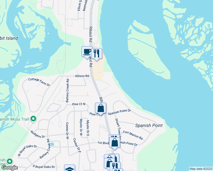 map of restaurants, bars, coffee shops, grocery stores, and more near 16 Verdier Bluff Road in Beaufort
