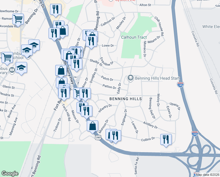 map of restaurants, bars, coffee shops, grocery stores, and more near 38 Patton Drive in Columbus