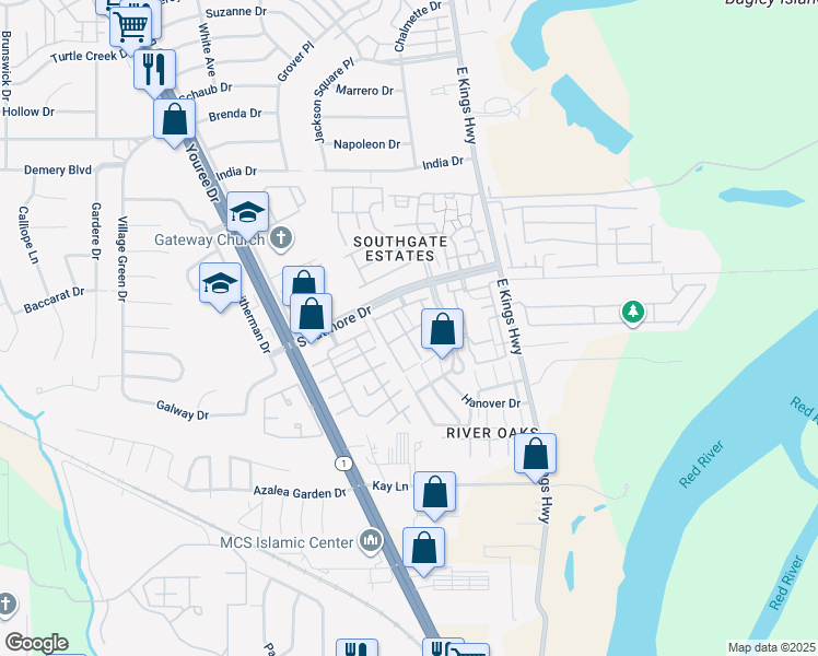 map of restaurants, bars, coffee shops, grocery stores, and more near 10019 Georgetown Drive in Shreveport