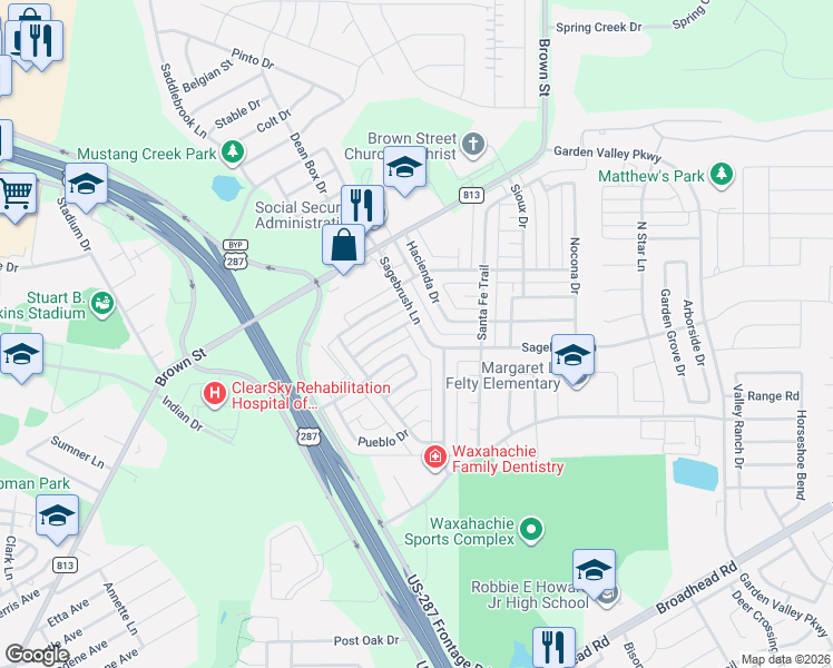 map of restaurants, bars, coffee shops, grocery stores, and more near 202 Sagebrush Lane in Waxahachie