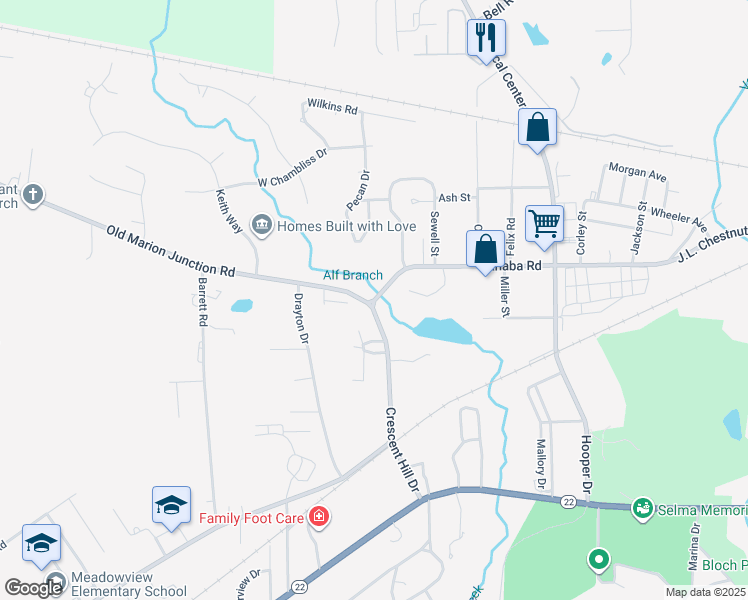 map of restaurants, bars, coffee shops, grocery stores, and more near Cahaba Road in Selma