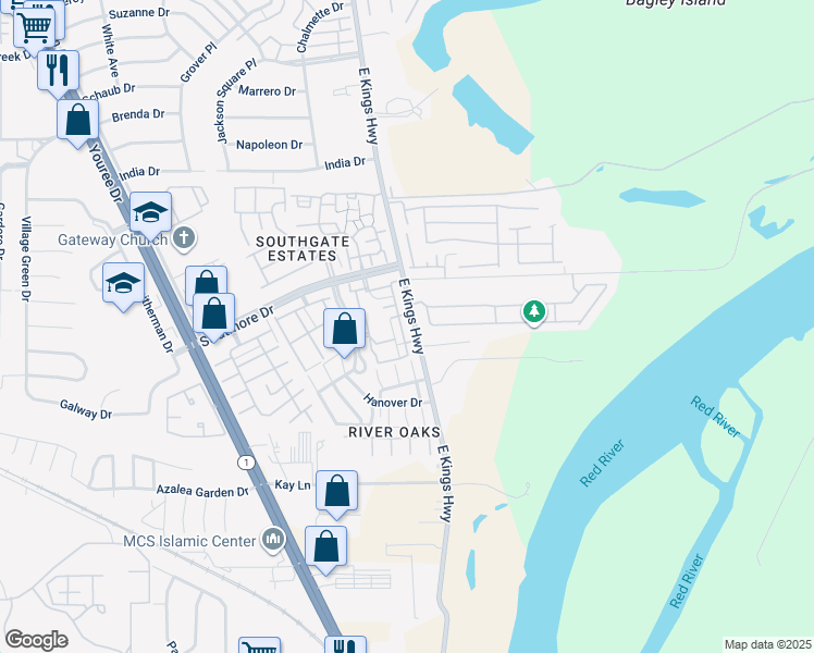 map of restaurants, bars, coffee shops, grocery stores, and more near 10040 Alondra Street in Shreveport