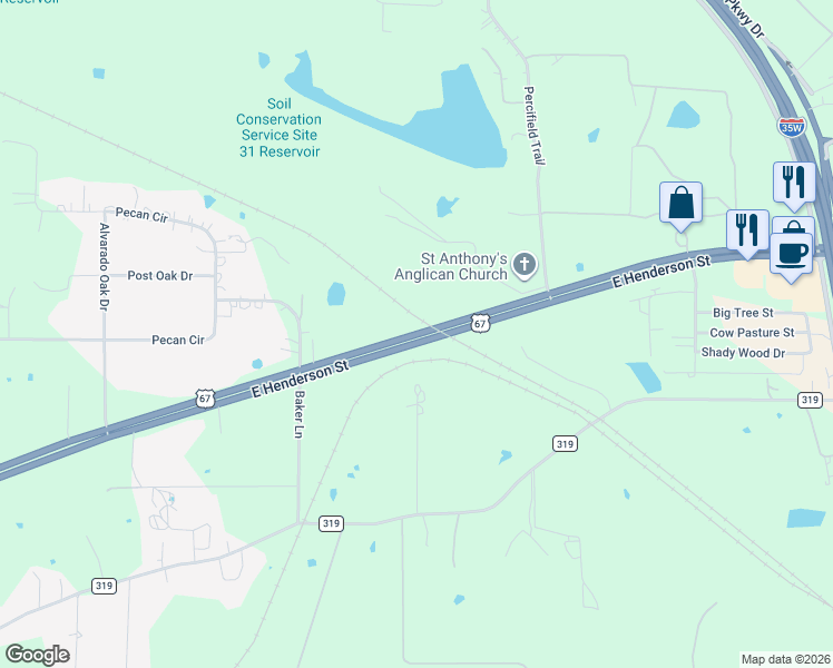 map of restaurants, bars, coffee shops, grocery stores, and more near 6401 East Henderson Street in Alvarado