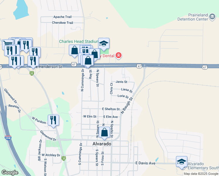 map of restaurants, bars, coffee shops, grocery stores, and more near 121 Chris Court in Alvarado