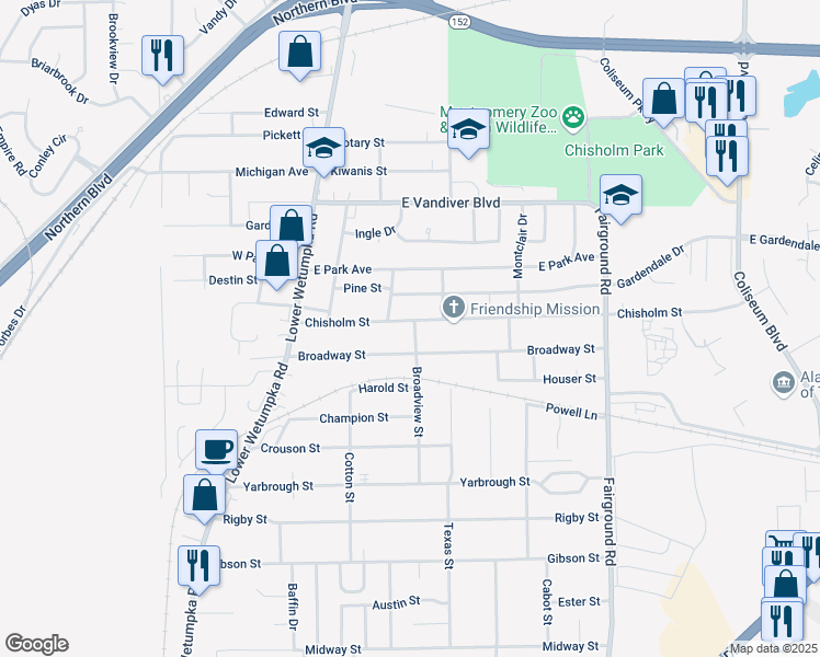 map of restaurants, bars, coffee shops, grocery stores, and more near 124 Chisholm Street in Montgomery