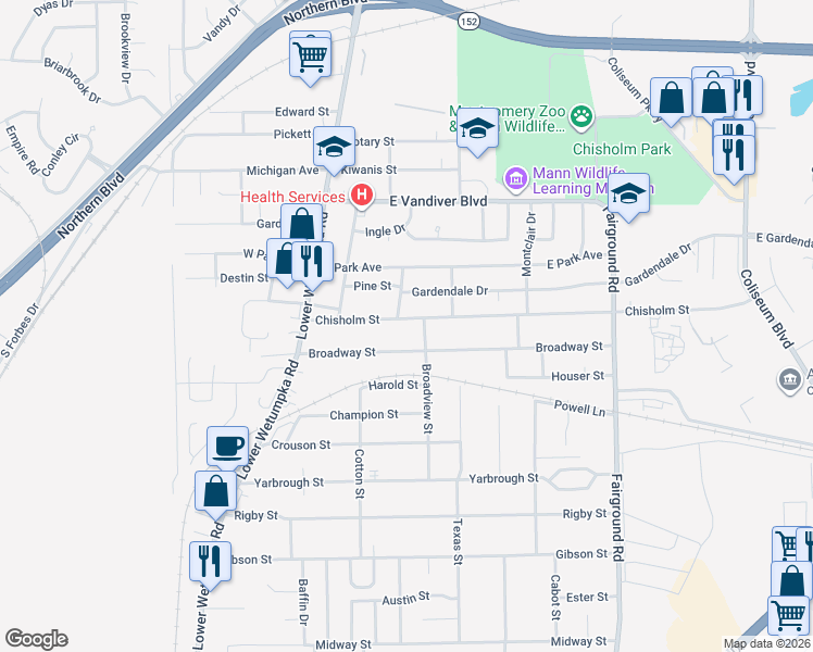 map of restaurants, bars, coffee shops, grocery stores, and more near 124 Chisholm Street in Montgomery