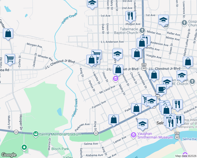 map of restaurants, bars, coffee shops, grocery stores, and more near 804 Lapsley Street in Selma