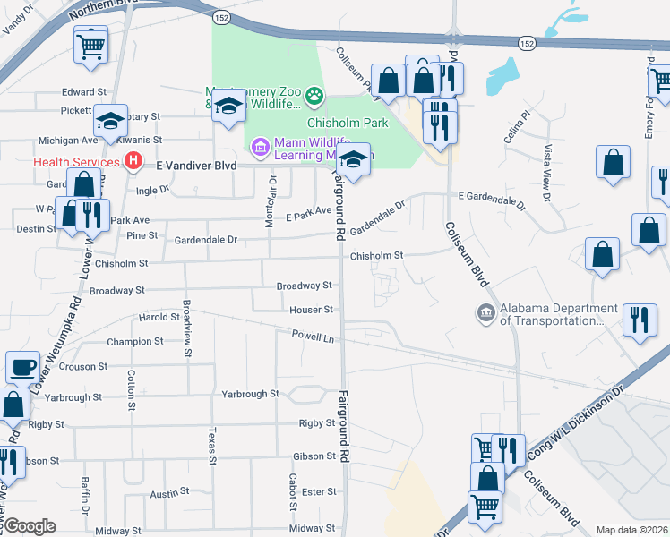 map of restaurants, bars, coffee shops, grocery stores, and more near 3713 Fairground Road in Montgomery