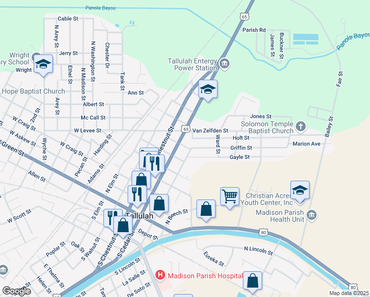 map of restaurants, bars, coffee shops, grocery stores, and more near 802 North Cedar Street in Tallulah