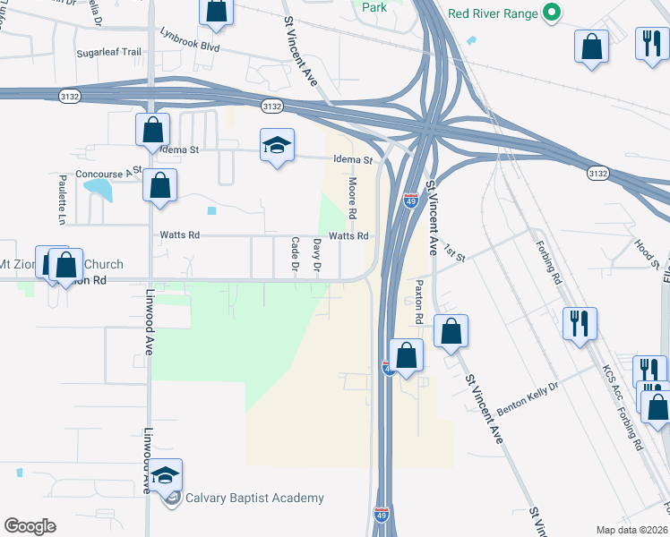 map of restaurants, bars, coffee shops, grocery stores, and more near 9216 Emmett Drive in Shreveport