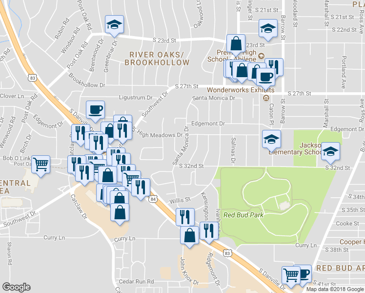 map of restaurants, bars, coffee shops, grocery stores, and more near 3488 Santa Monica Drive in Abilene