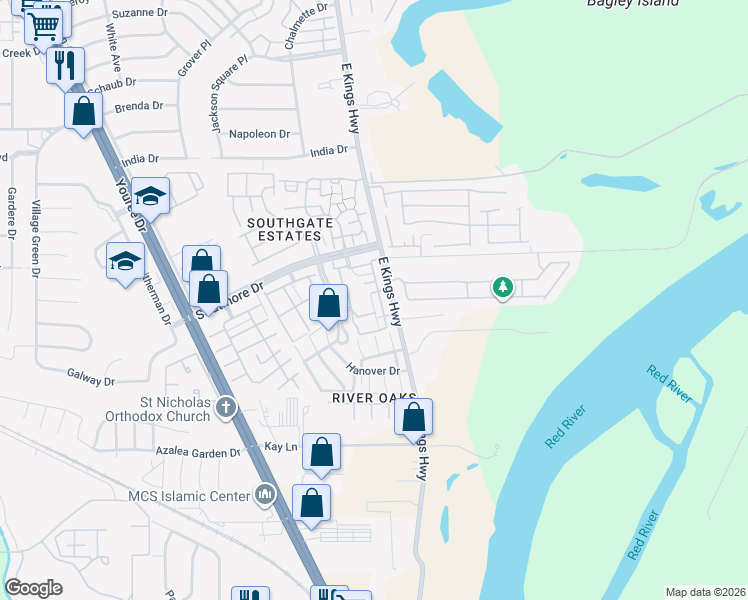 map of restaurants, bars, coffee shops, grocery stores, and more near 10035 Alondra Street in Shreveport