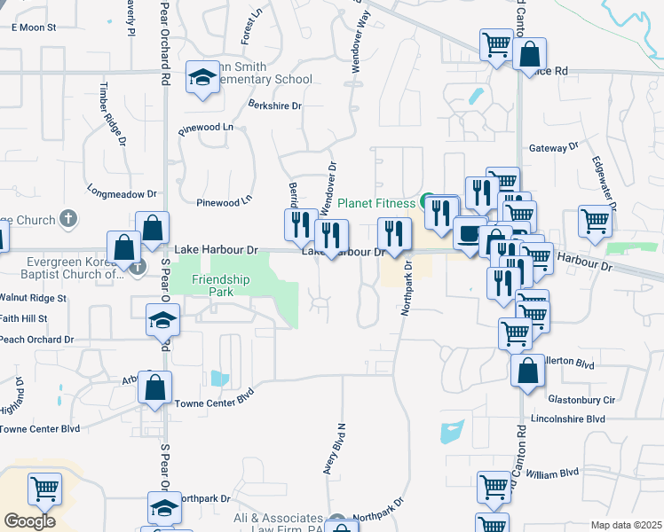 map of restaurants, bars, coffee shops, grocery stores, and more near 655 Lake Harbour Drive in Ridgeland