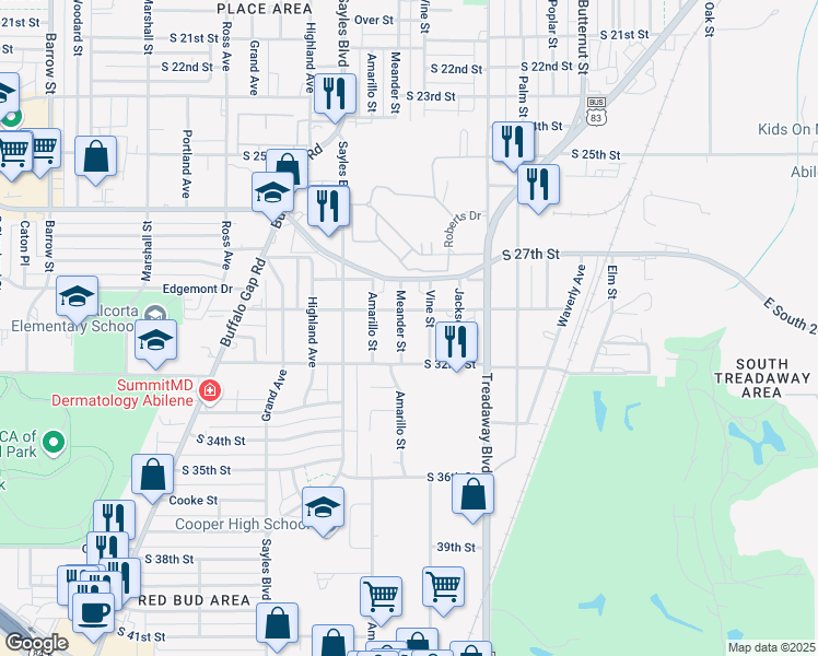 map of restaurants, bars, coffee shops, grocery stores, and more near 3025 Meander Street in Abilene