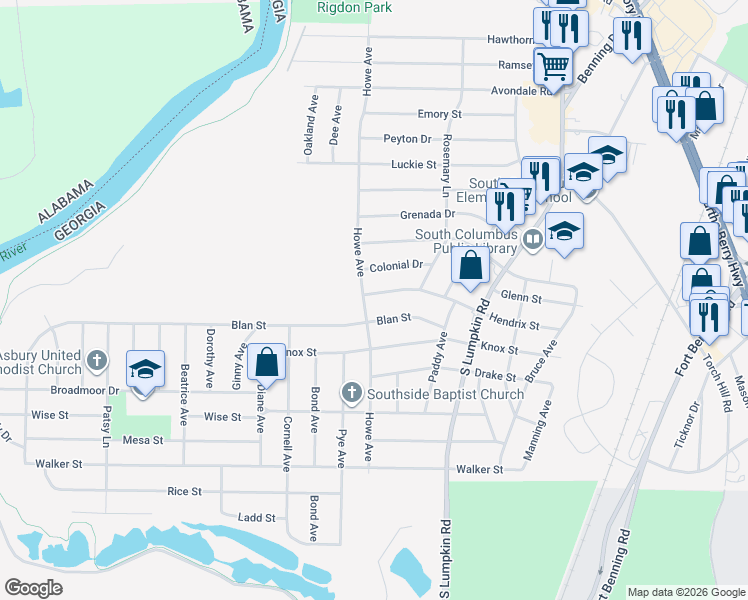 map of restaurants, bars, coffee shops, grocery stores, and more near 3004 Hendrix Street in Columbus