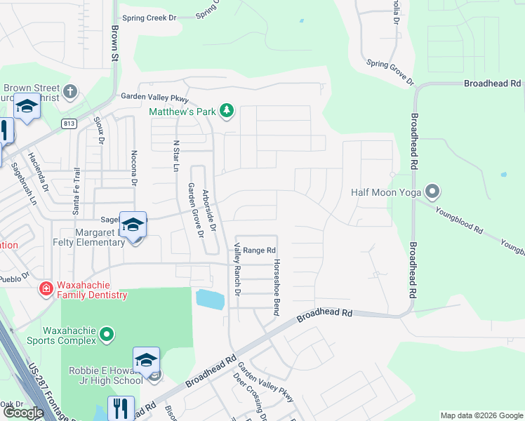 map of restaurants, bars, coffee shops, grocery stores, and more near 328 Western Sky Lane in Waxahachie
