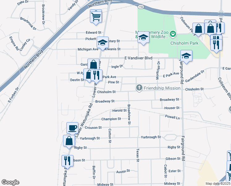 map of restaurants, bars, coffee shops, grocery stores, and more near 114 Chisholm Street in Montgomery
