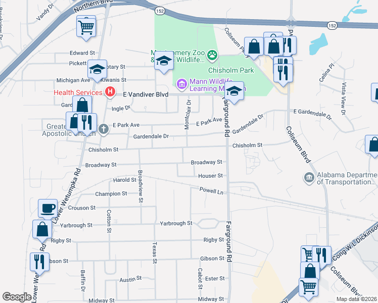 map of restaurants, bars, coffee shops, grocery stores, and more near 406 Chisholm Street in Montgomery