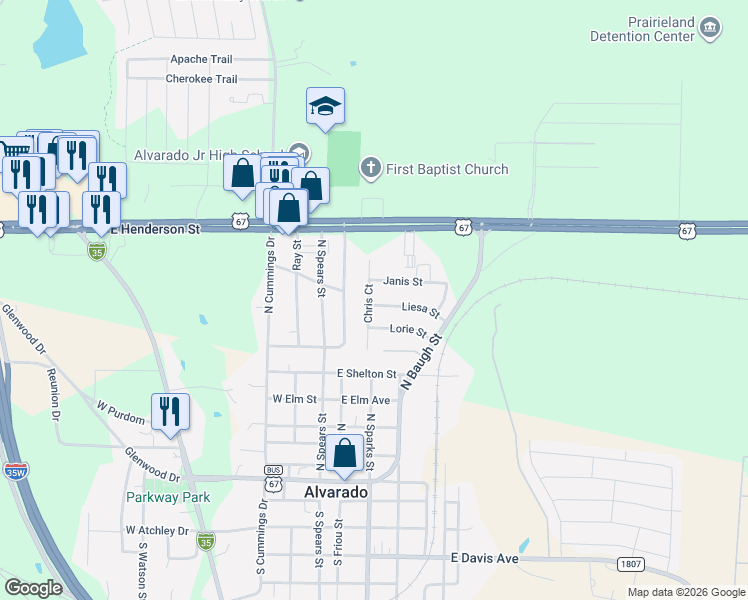 map of restaurants, bars, coffee shops, grocery stores, and more near 121 Chris Court in Alvarado
