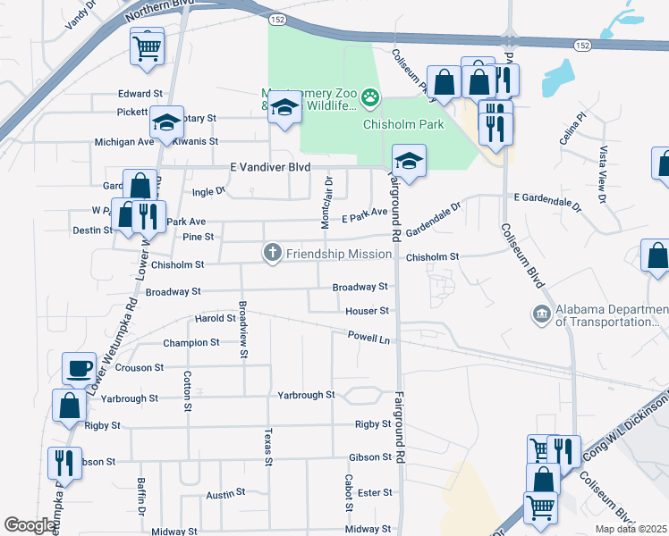 map of restaurants, bars, coffee shops, grocery stores, and more near 406 Chisholm Street in Montgomery
