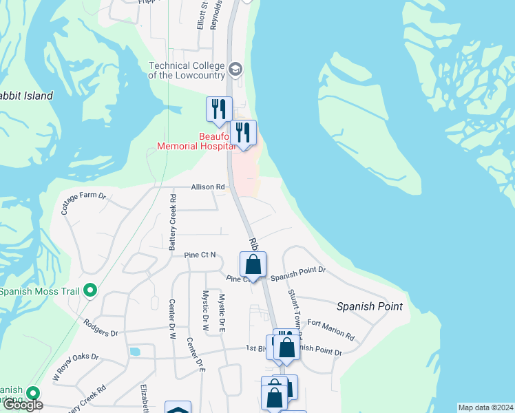 map of restaurants, bars, coffee shops, grocery stores, and more near 16 Verdier Bluff Road in Beaufort