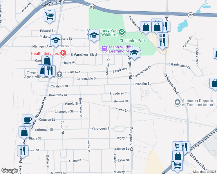 map of restaurants, bars, coffee shops, grocery stores, and more near 406 Chisholm Street in Montgomery