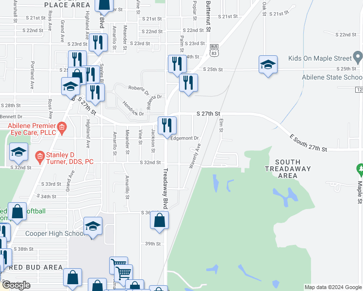map of restaurants, bars, coffee shops, grocery stores, and more near 3009 Palm Street in Abilene