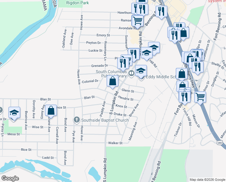 map of restaurants, bars, coffee shops, grocery stores, and more near 2125 South Lumpkin Road in Columbus