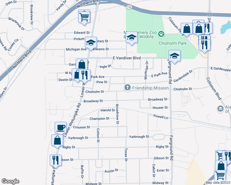 map of restaurants, bars, coffee shops, grocery stores, and more near 124 Chisholm Street in Montgomery