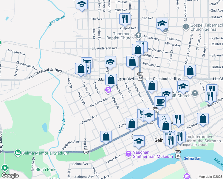 map of restaurants, bars, coffee shops, grocery stores, and more near 720 Mabry Street in Selma