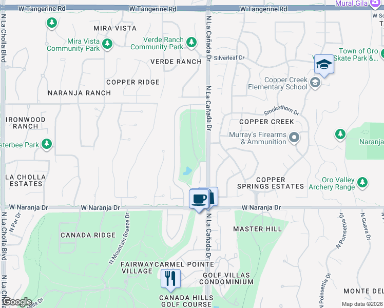 map of restaurants, bars, coffee shops, grocery stores, and more near 11411 North Palmetto Dunes Avenue in Tucson
