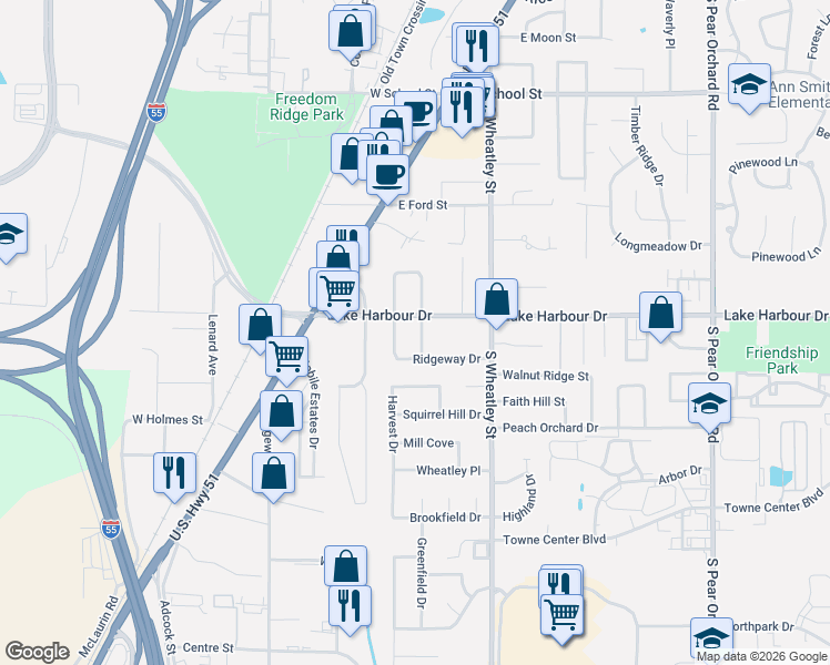 map of restaurants, bars, coffee shops, grocery stores, and more near 529 Wolcott Circle in Ridgeland